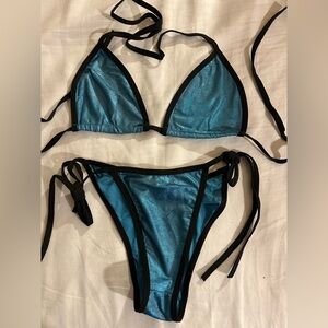 New with Defects Triangle Top Tie Side Bottom Turquoise w/ Black Piping Bikini